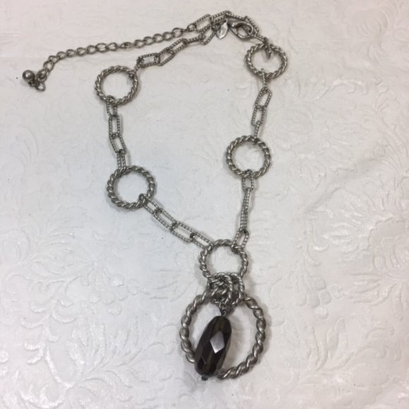 Silver Toned Circles Rectangles Smoky Quartz Stone Chain Adjustable Necklace - Picture 4 of 6